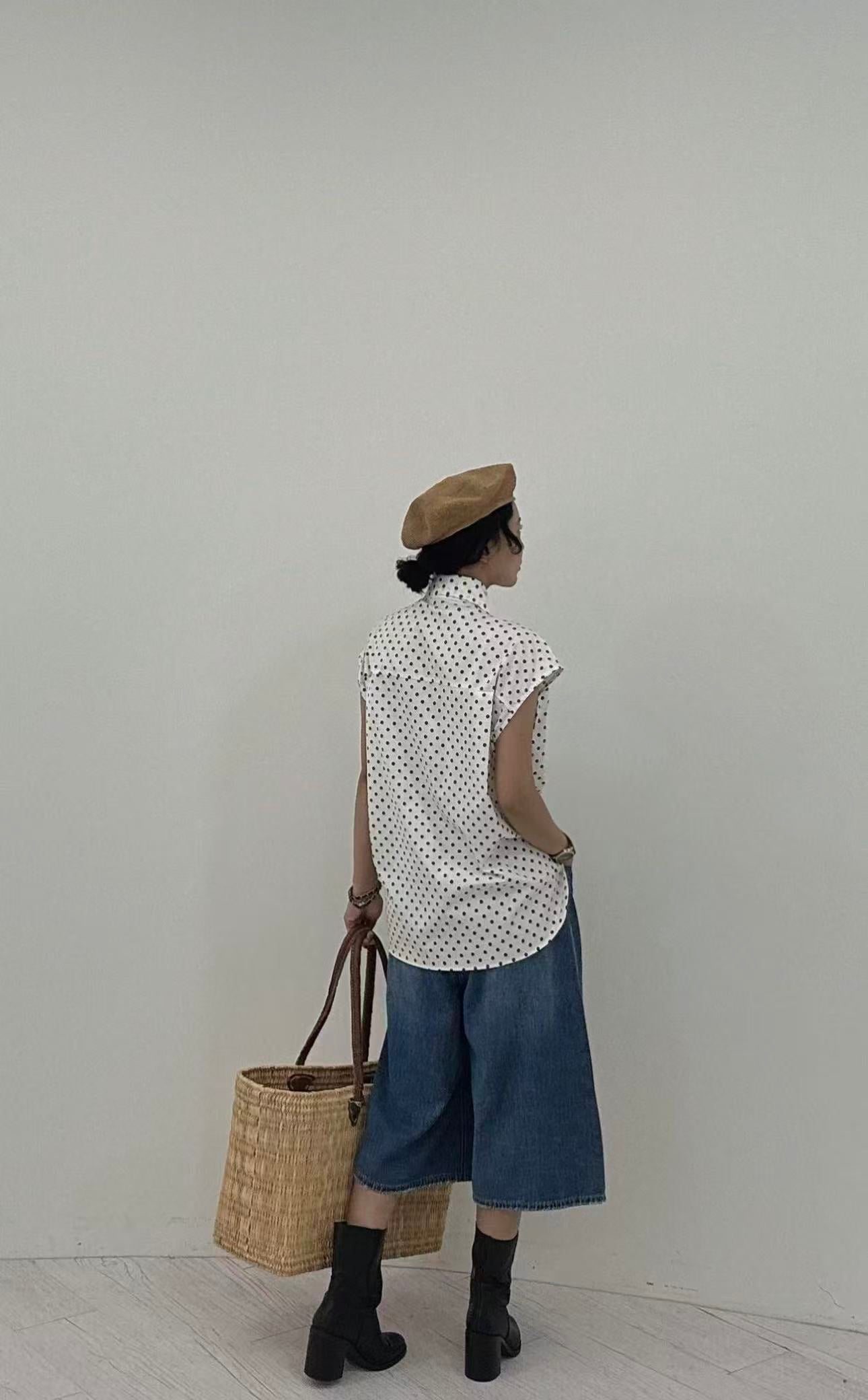 經典黑白波點領位兩種着法恤衫布long top