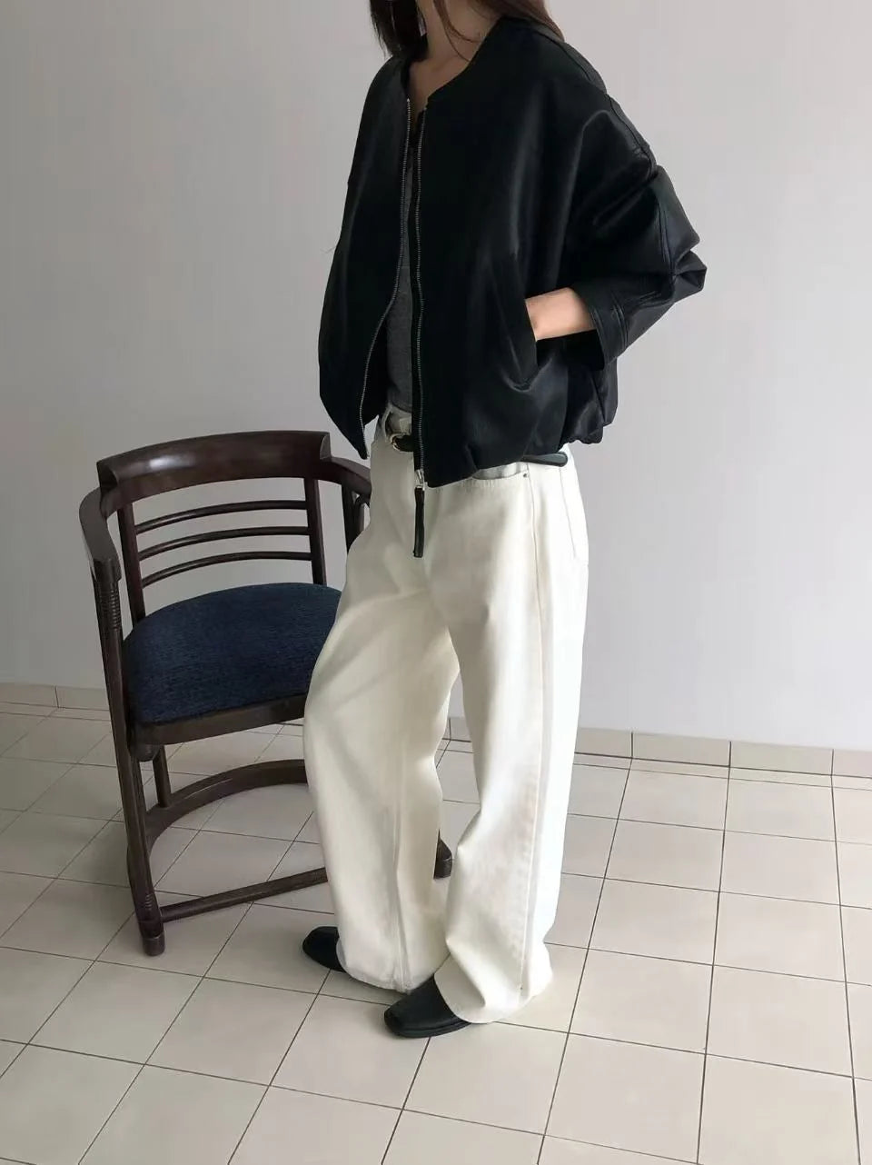仿皮短外套橡筋腰