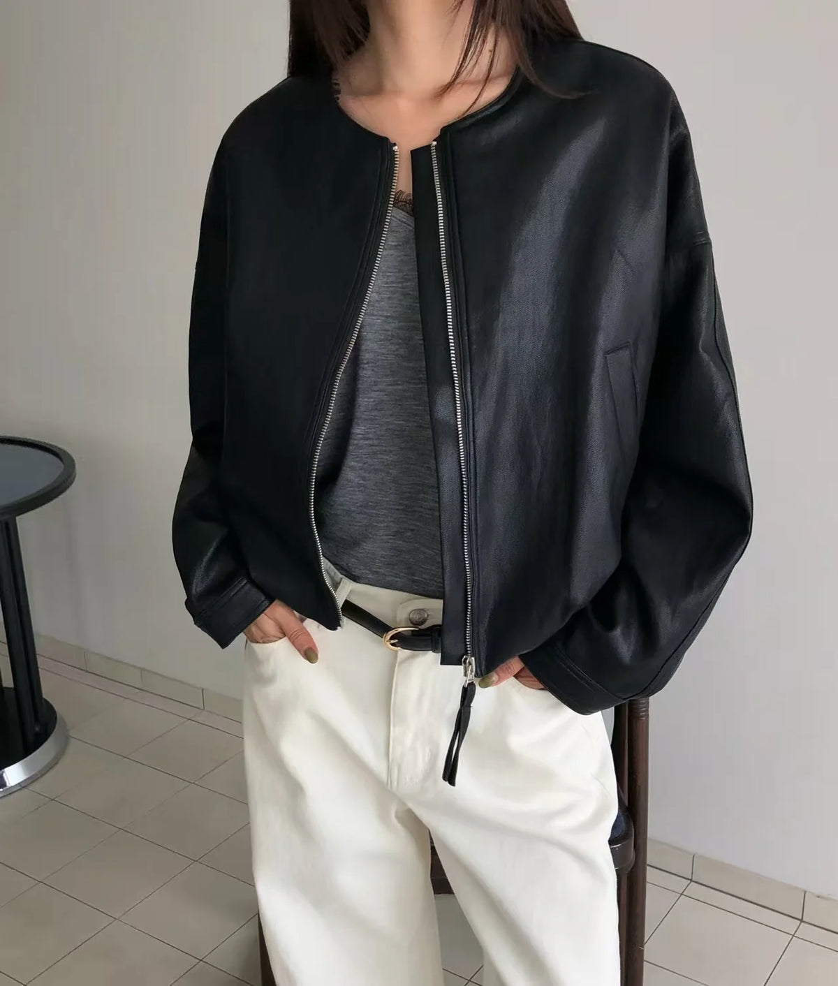 仿皮短外套橡筋腰