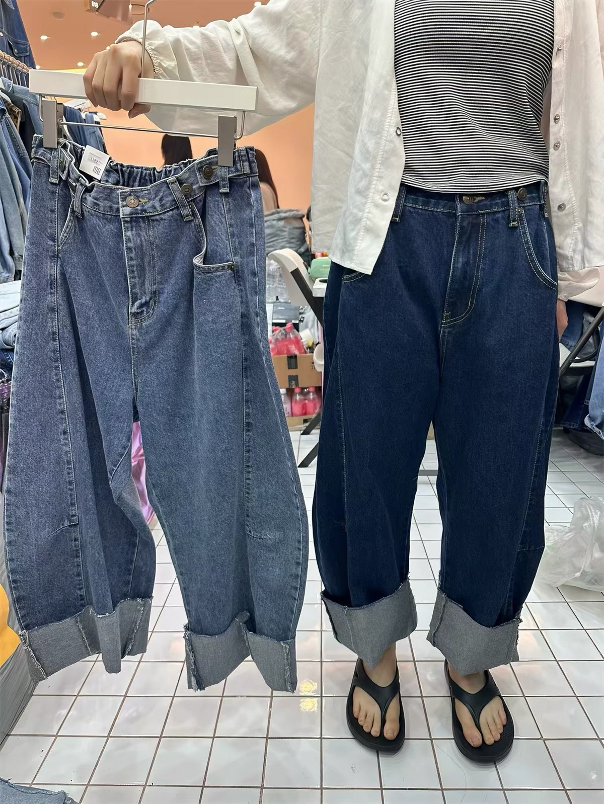 粗邊摺腳牛仔褲