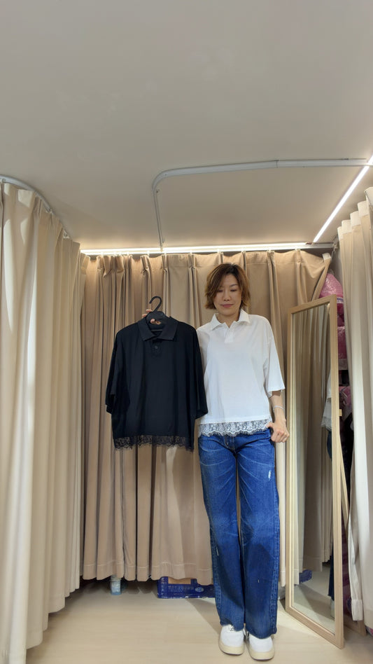 反領絲光棉lace邊top￼