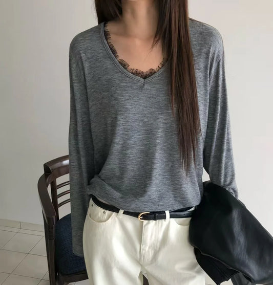 全棉V領lace邊打底