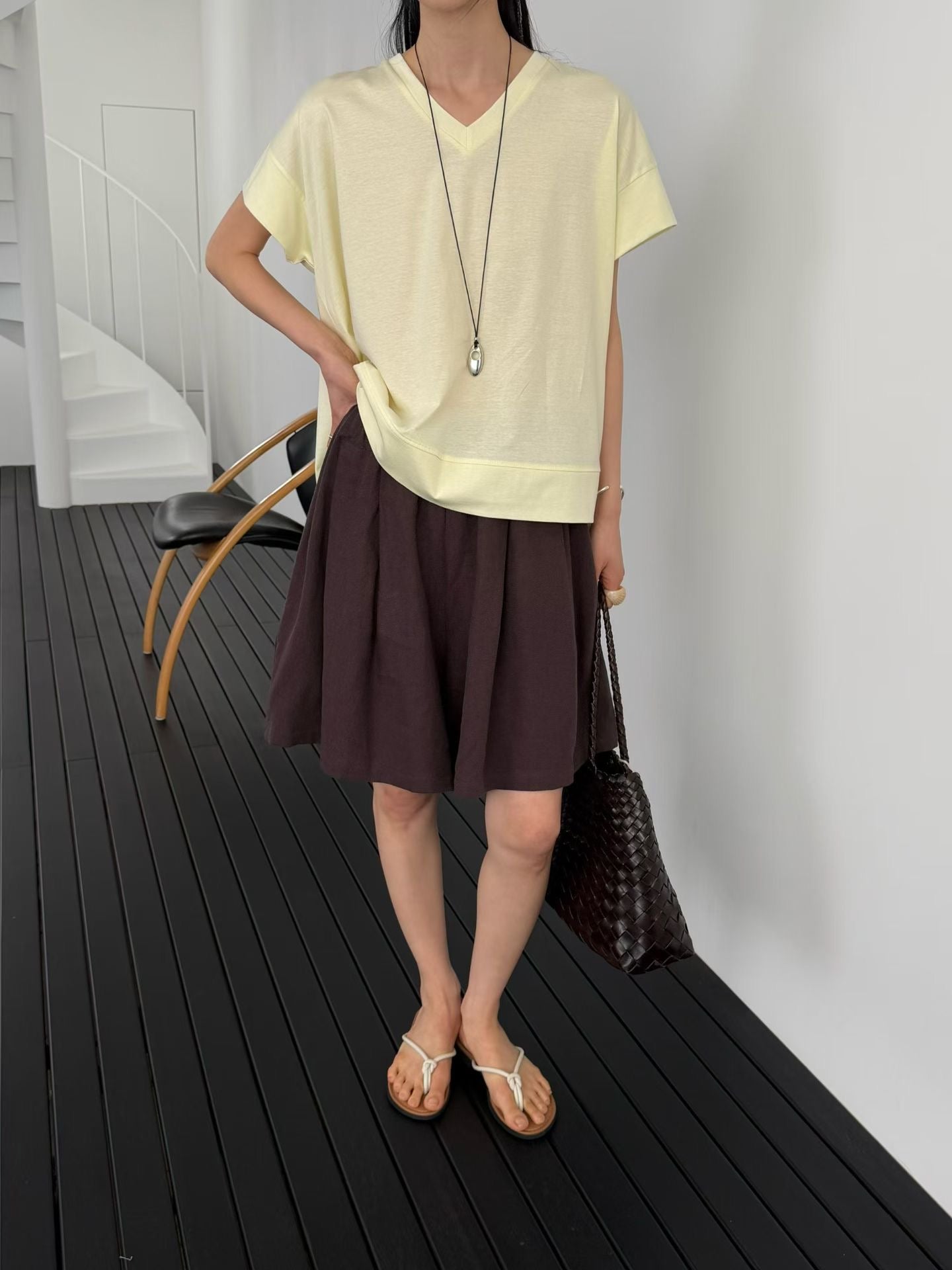 滑身cotton V領A cut long T