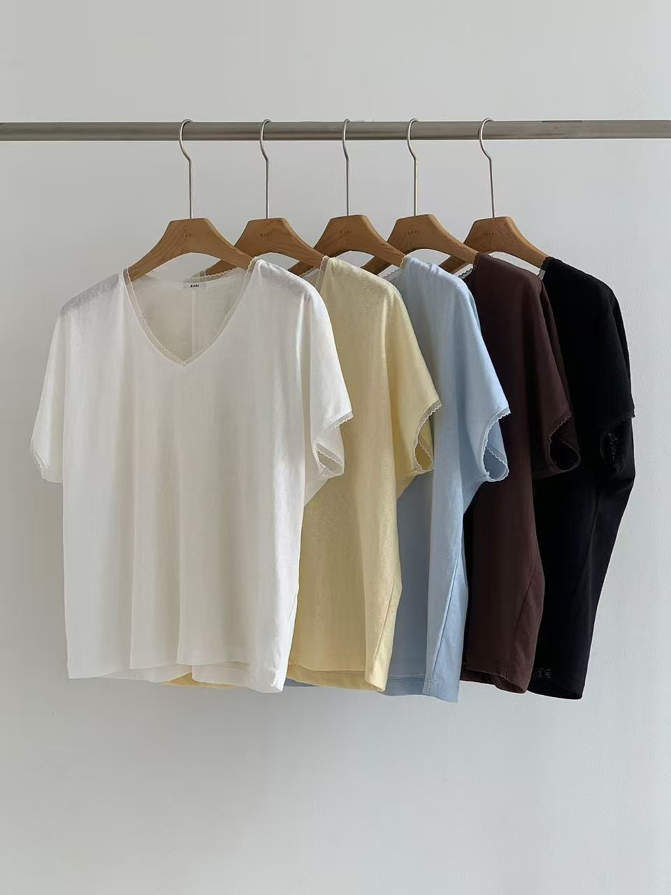 絲光棉料V領lace邊